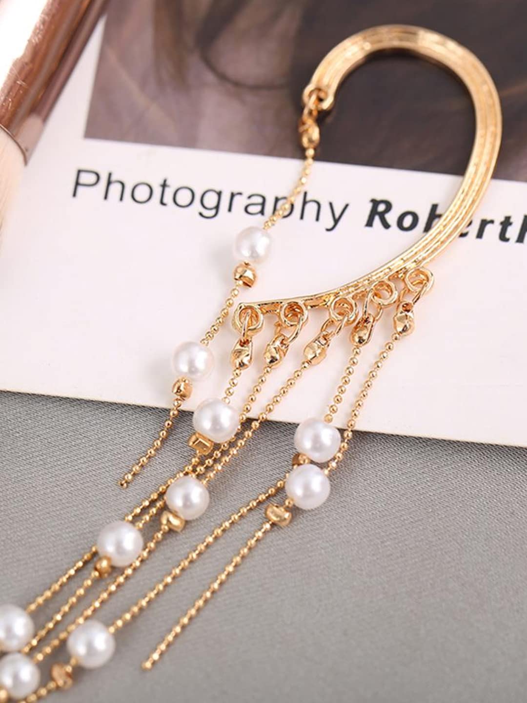 Yellow Chimes Earrings For Women Gold Tone Earcuffs With Linear Pearl Studded Tassel Chain Earrings For Women and Girls