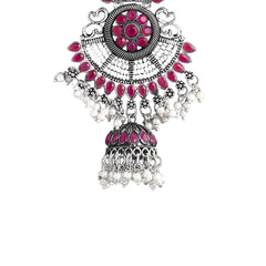 Yellow Chimes Oxidised Earrings for Women Ethnic Silver Oxidised Pink Stones Moti Traditional Pink Chandbali Earrings for Women and Girls