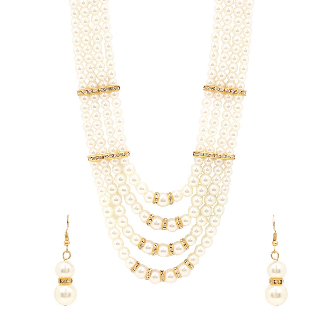 Yellow Chimes  Latest Fashion White Pearl Royal Style Multilayer Necklace Set with Earrings and Bracelet for Women & Girls