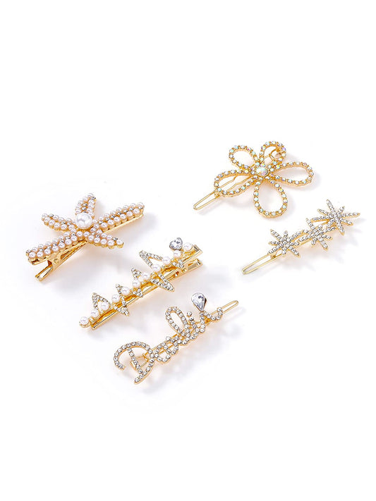 Yellow Chimes 5 PCs Hair Clips for Women Crystal Fancy Hairpins Hair Accessories for Women Girls, Gold, Medium (YCHACL-WM043-MC)