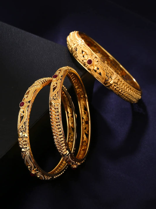 Yellow Chimes Bangles for Women Gold Toned Red Crsytal Studded Traditional Designed Set of 3 Pcs Bangles for Women and Girls