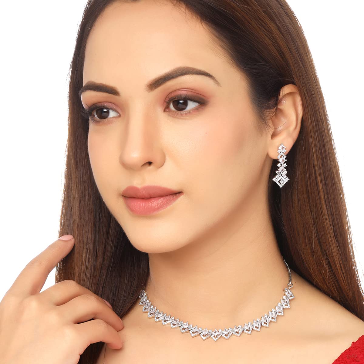 Yellow Chimes Jewellery Set for Womens Rhodium Plated AD/American Diamond Studded Crystal Necklace Set with Earrings for Women and Girls