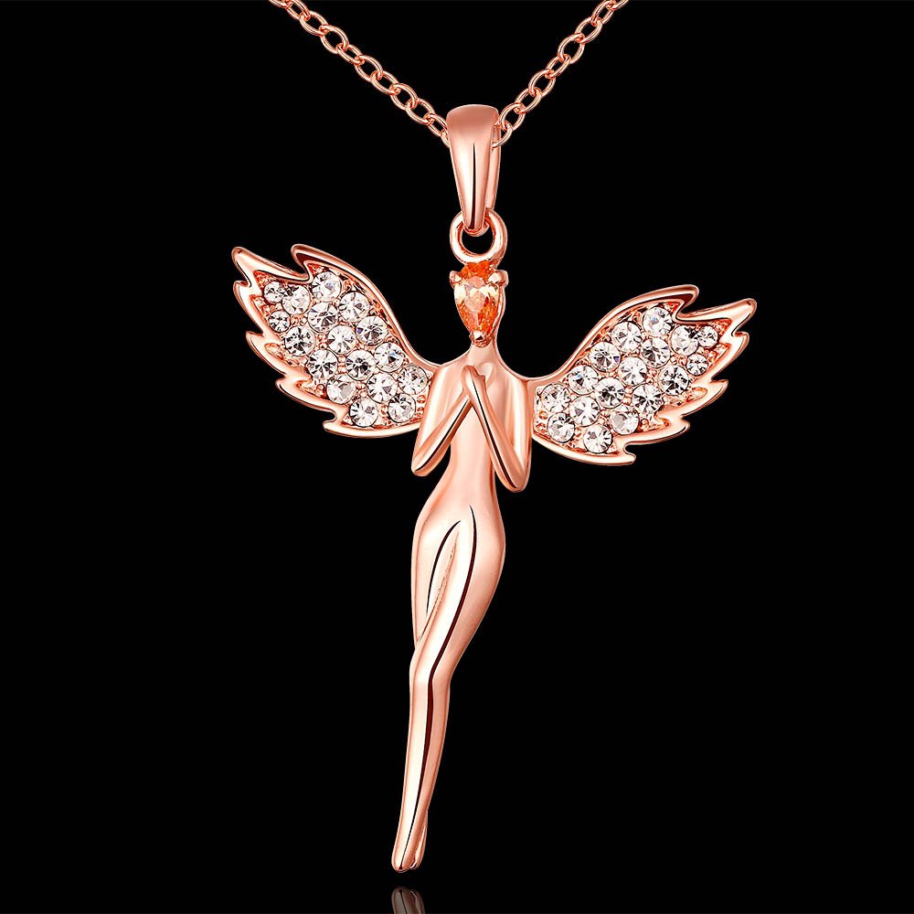 an Angel Pure Soul with Wings Pendant (Austrian Crystal Hallmarked 18K Rose Gold Plated) for Girls and Women by YELLOW CHIMES