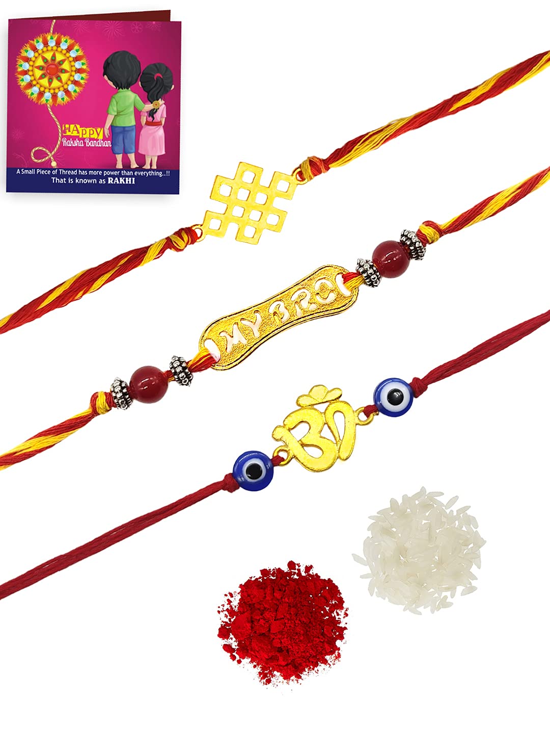 Yellow Chimes Combo of 3 Pcs Handmade Dori Worked Gold Toned OM My BRO and Celtic Design Evil Eye Beads Rakhi for Brother with Roli & Chawal, Red, Gold, Medium (YCTJRK-15BHAY-GL) For Men