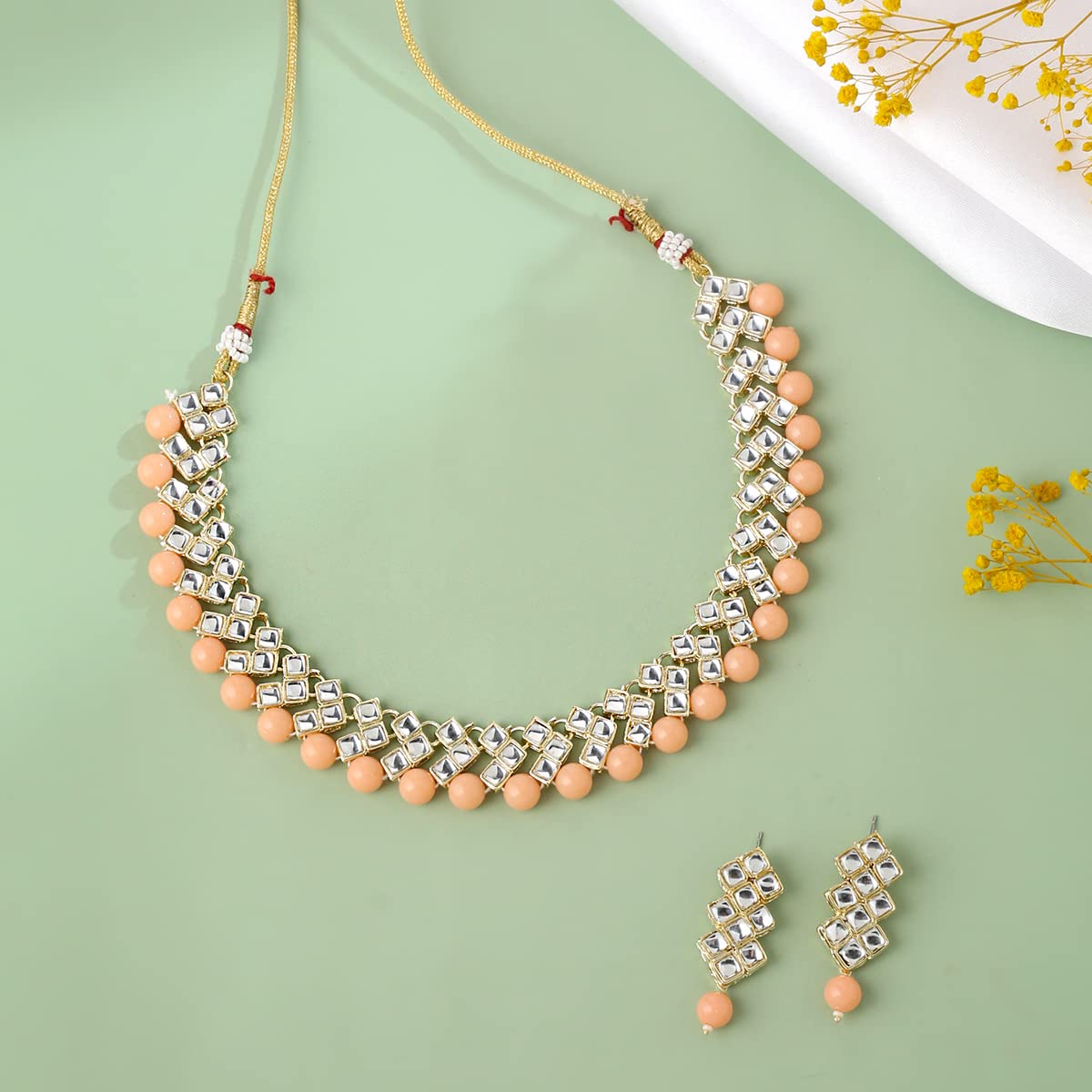 Yellow Chimes Jewellery Set for Women and Girls Traditional Peach Color Stotne Jewellery Set for Wedding Gold Plated Choker Necklace Set | Birthday Gift for girls and women Anniversary Gift for Wife