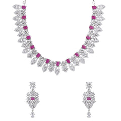 Yellow Chimes Jewellery Set for Womens Rhodium Plated AD/American Diamond Studded Pink Crystal Necklace Set with Earrings for Women and Girls