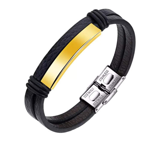 Yellow Chimes Leather Bracelet for Men Stainless Steel Leather Wraps Golden Tag Casual Wear Bracelets for Men and Boys