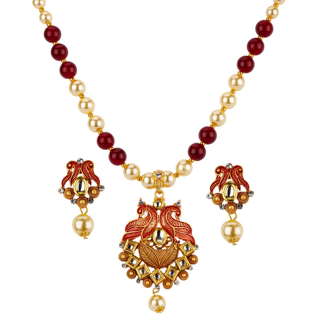 Yellow Chimes Exclusive Traditional Peacock Desaign Pearl Kundan Necklace with Drop Earrings for Women