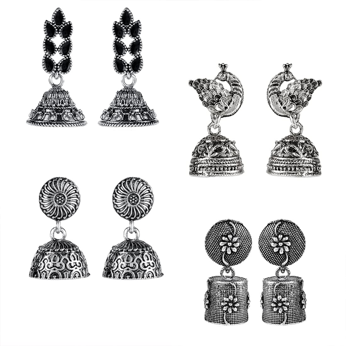 Kairangi Earrings for Women and Girls 4 pcs of Combo Silver Oxidised Jhumka Earring | Floral and Peacock Shaped Jhumki Earrings Combo| Birthday Gift for girls & women Anniversary Gift for Wife