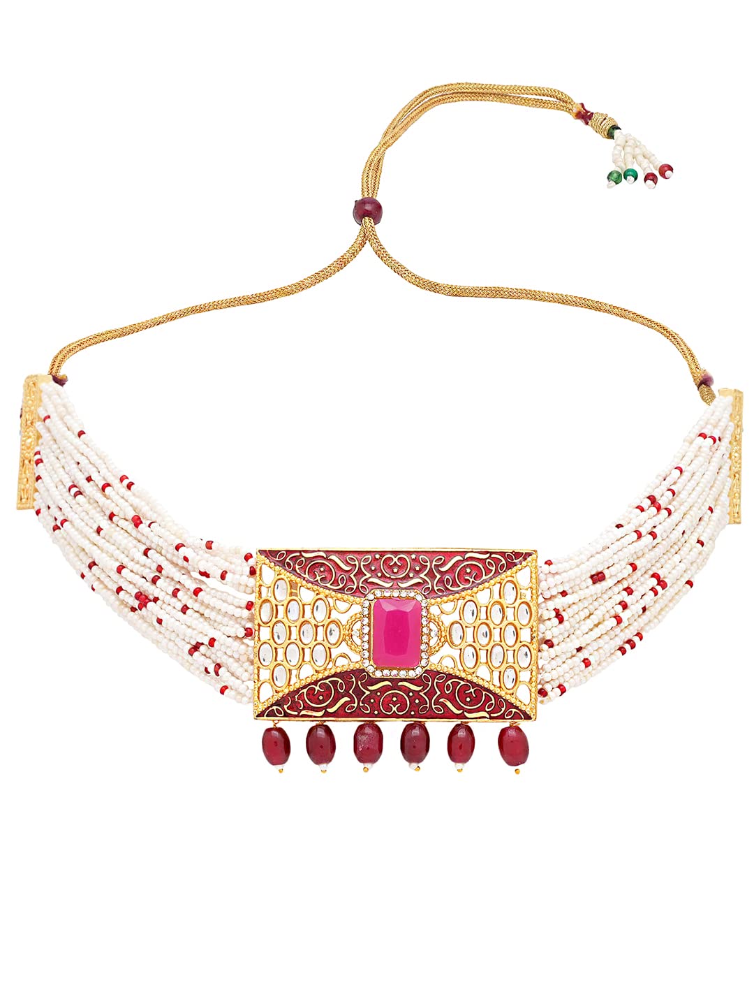 Yellow Chimes Jewellery Set for Women Gold Toned Kundan and Crystal Studded Pearl Drop with Beads Red Meeanakari Touch Choker Necklace Set with Earrings for Women and Girls