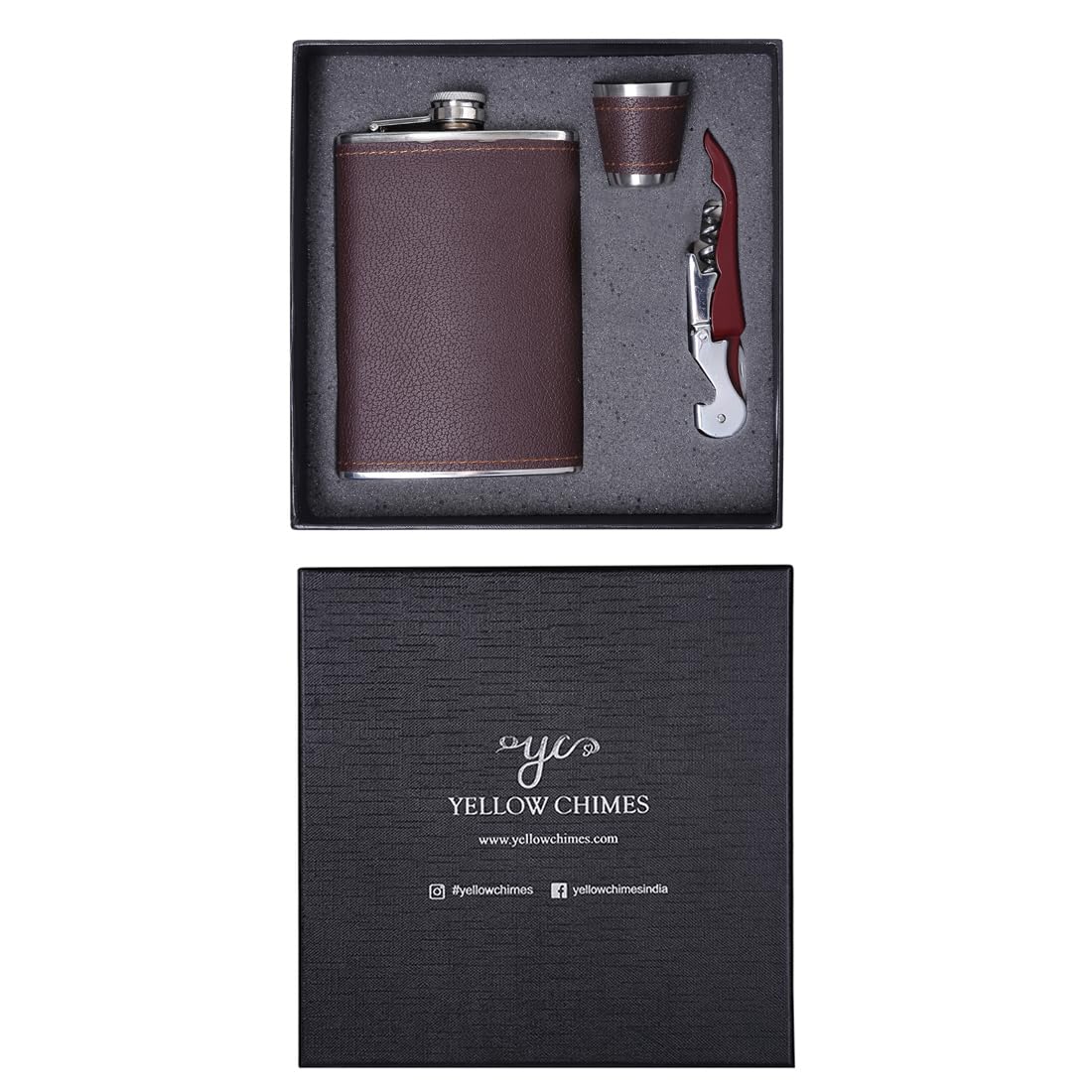 Yellow Chimes Exquisite Men Gifiting Set Hip Flask Gift Set Cork Opener with Brown Leather Cover,Hip Flask for Liquor for Men in a Gift Box