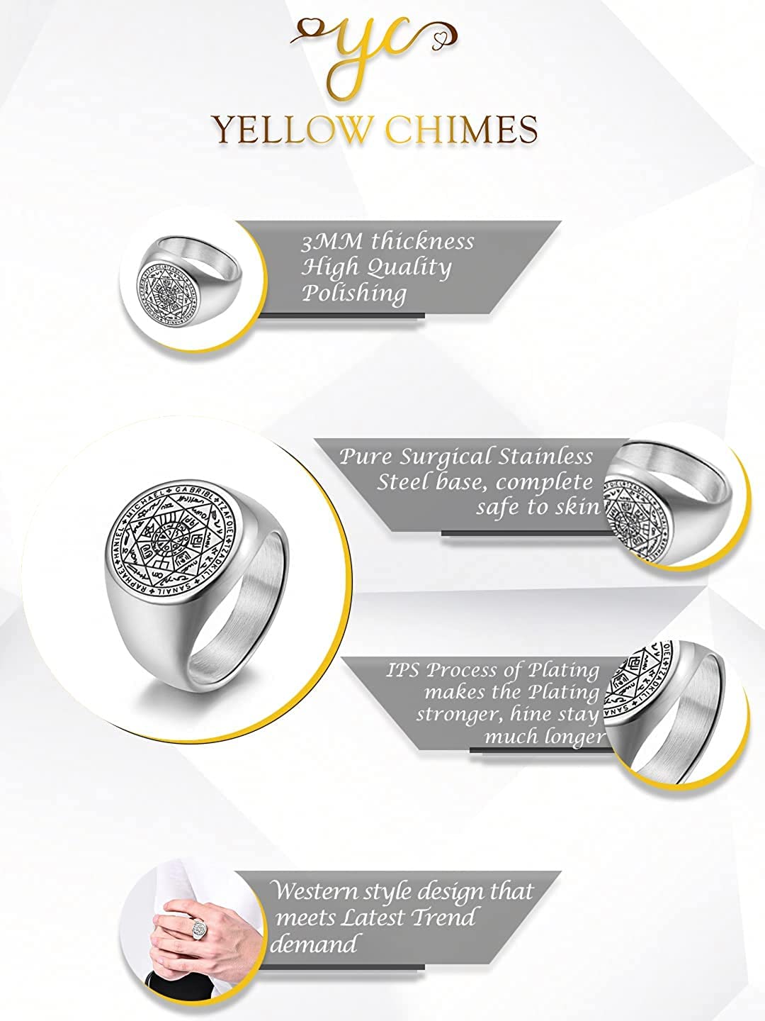 Yellow Chimes Rings for Men Stainless Steel Silver Ring The Seals of The Seven Archangels Protection Band Ring for Men and Boys.