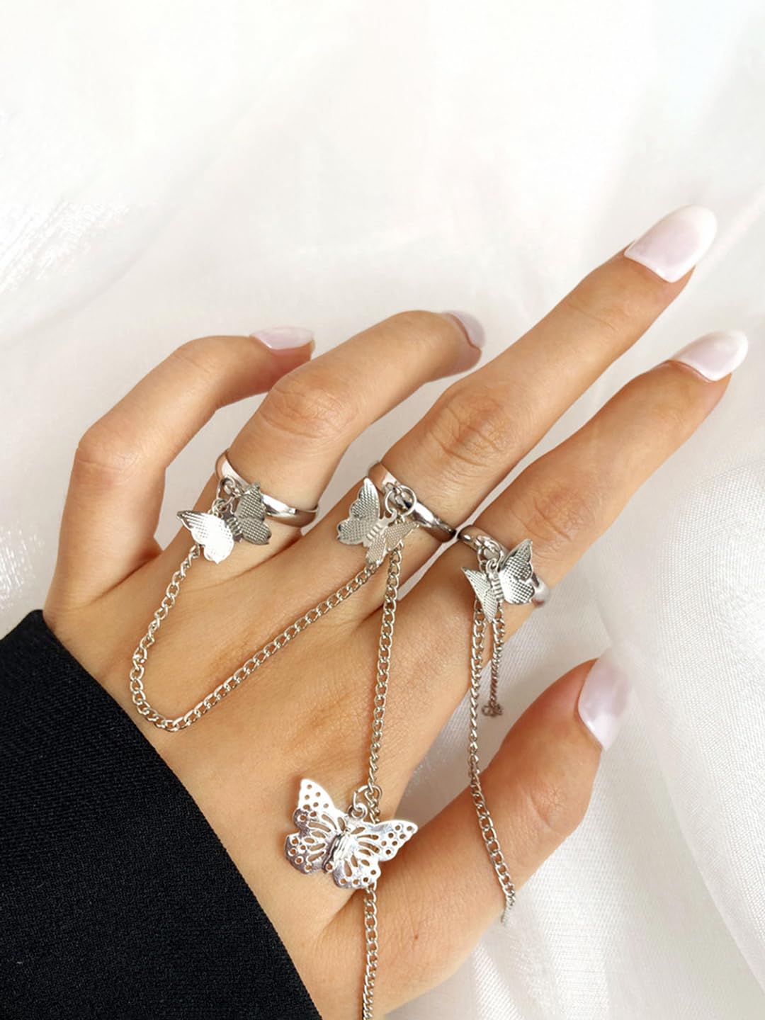 Yellow Chimes Rings for Women and Girls Chain Finger Rings | Butterfly Adjustable 5 Pieces Silver Punk Chain Finger Rings Five Fingers Open Ring | Birthday Gift For Girls and Women