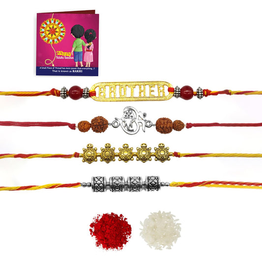 Yellow Chimes Rakhi for Brother | Combo of 4 Rakhi Set for Brother | Traditional Gold and Silver Plated Rakhi Set for Brother and Sister| Rakhi with Roli, Chawal and Greeting Card