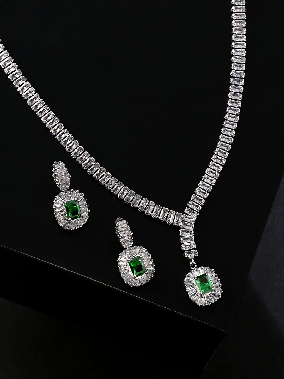 Yellow Chimes Jewellery Set for Women Rhodium-Plated Real Green Cubic Zircon Necklace Set Classic CZ Jewellery Set For Women and Girls.