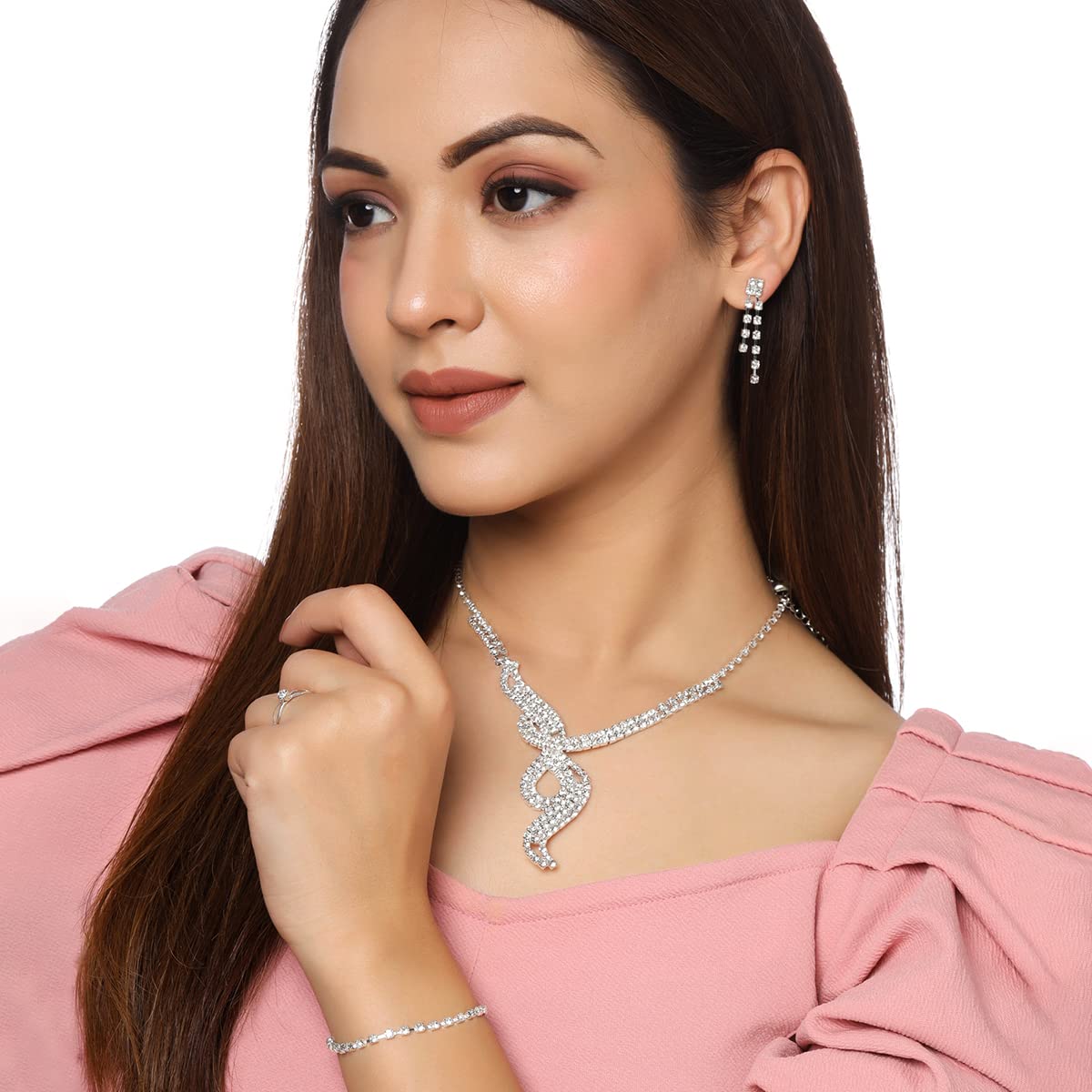 Yellow Chimes Jewellery Set For Women Silver Toned Crystal Necklace Set With Earring Ring and Bracelet For Women and Girls