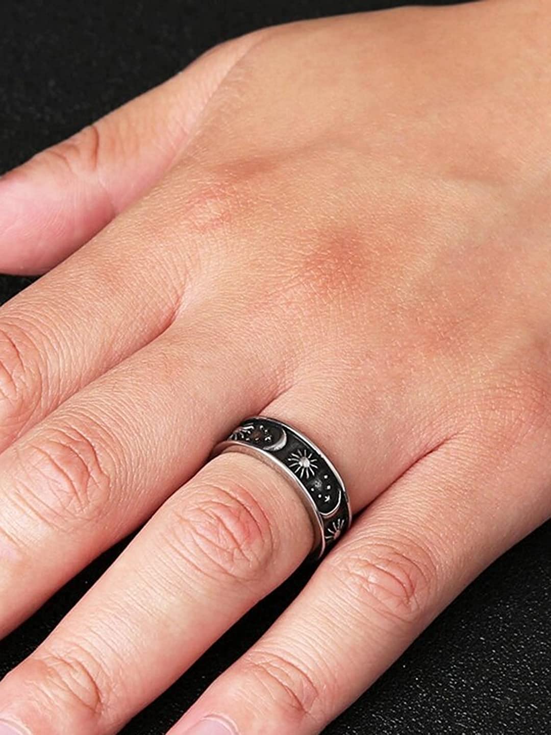 Yellow Chimes Rings for Women Stainless Steel Ring Carved Sun Moon Universe Energy Sign Statement Band Rings for Women and Girls