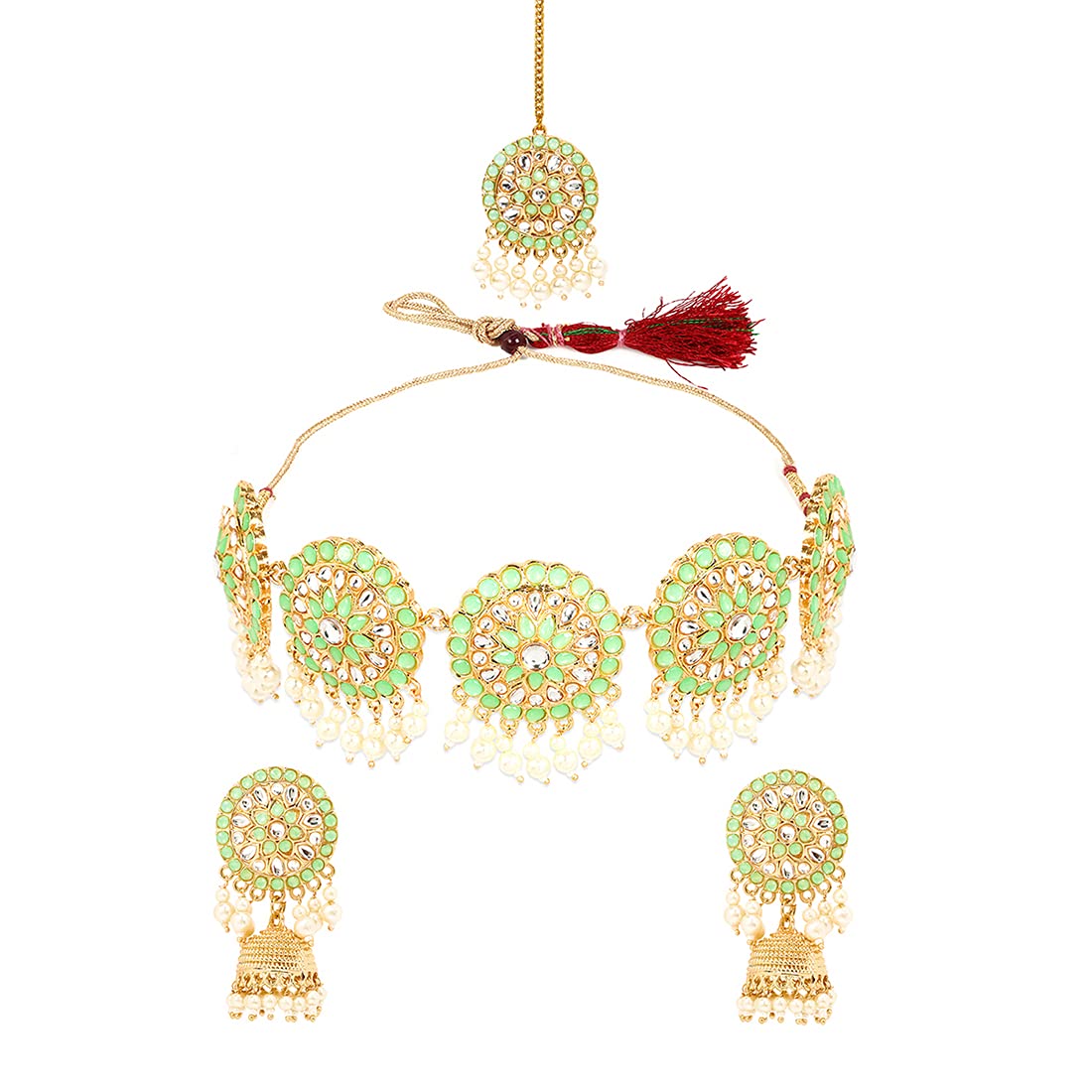 Yellow Chimes Ethnic Gold Plated Studded Kundan Green Beads Design Jewellery Set Traditional Choker Necklace Set with Earrings and maang Tikka for Women and Girls (Design 8)