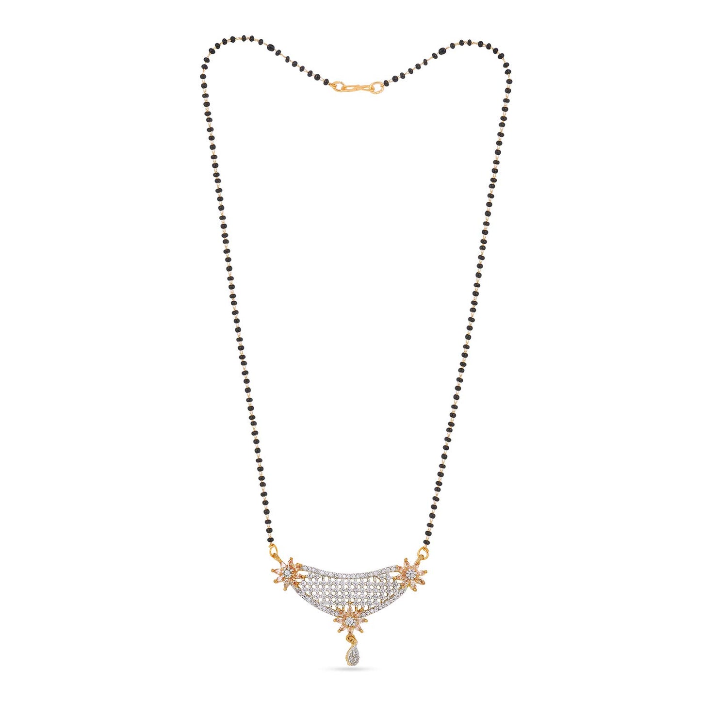 Yellow Chimes Classic Gold AD/American Diamond Studded Black Beads Designer Floral Mangalsutra Set with Earrings for Women