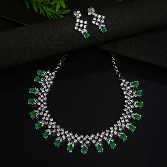 Yellow Chimes Jewellery Set for Women & Girls Traditional Green American Diamond Jewellery Set Silver Toned AD Choker Necklace Set for Women | Birthday Gift for Girls & Women Anniversary Gift for Wife