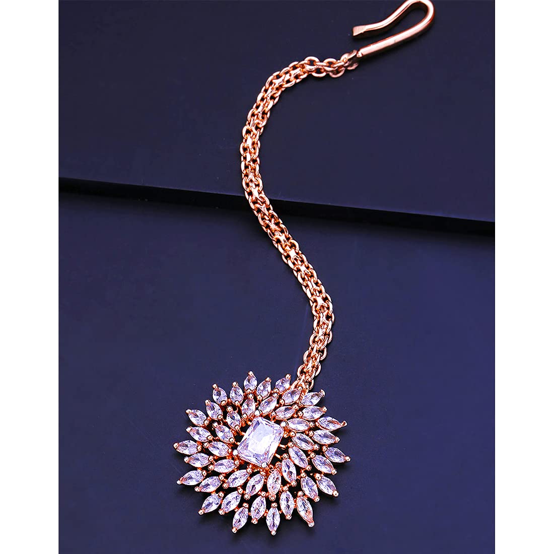 Yellow Chimes American Diamond Maang Tikka for Women Rosegold Plated High Grade Authentic White AD Jewellery Maang Tikka for Women and Girls