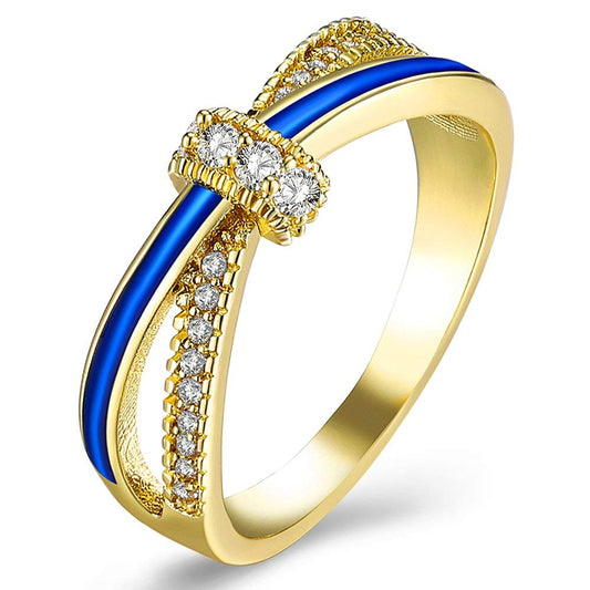 Yellow Chimes Rings for Women Romantic Love Knot Prong Setting 18K Gold Plated White Crystal and Blue Colore Ring for Women & Girls (Size US 6)