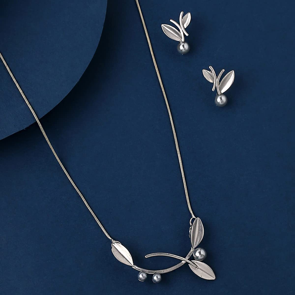 Yellow Chimes Necklace Set For Women Silver Plated Leaf Designed Neck Chain With Leaf Designed Earring For Women and Girls