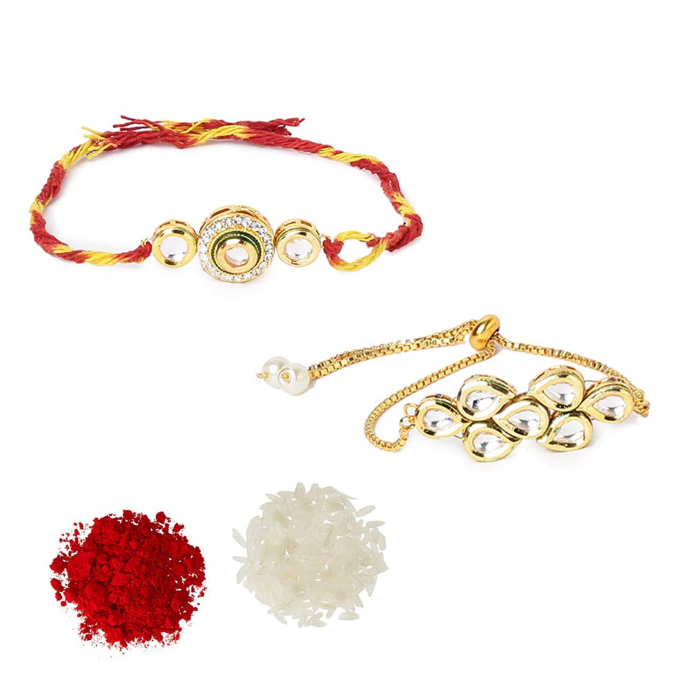 Yellow Chimes Rakhi for Brother and Bhabhi Gold Plated Kundan Bhaiya Bhabhi Rakhi Set Handmade Dori Worked Rakhi Combo of 2 PCs Men Rakhi Bracelet With Roli & Chawal