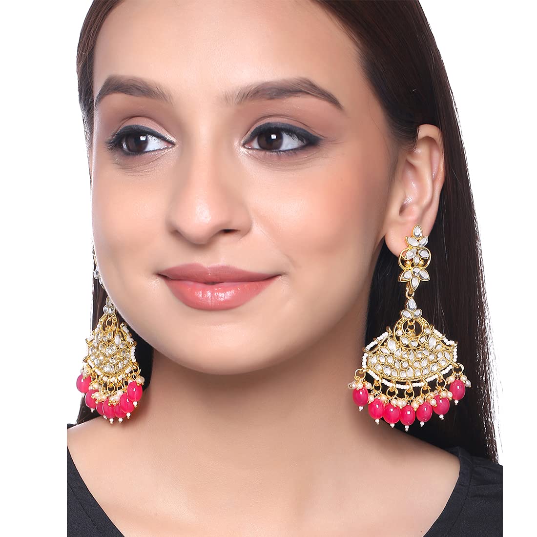 Yellow Chimes Ethnic Gold Plated Traditional Kundan Studded Pearl moti Pink Dangler Earrings for Women and Girls, Gold, Pink, Medium (Model: YCTJER-90LNGDG-PK)