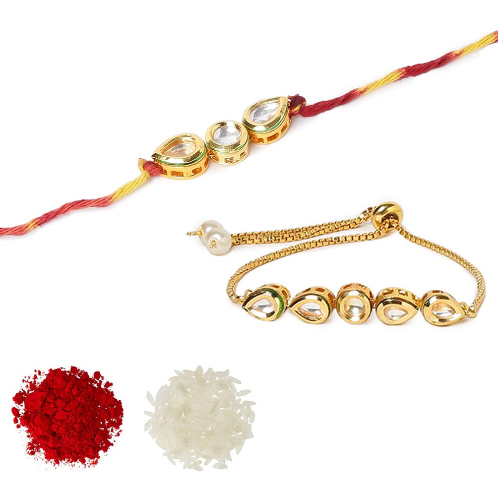 Yellow Chimes Rakhi for Brother and Bhabhi Gold Plated Kundan Bhaiya Bhabhi Rakhi Set Handmade Dori Worked Rakhi Combo of 2 PCs Men Rakhi Bracelet With Roli & Chawal