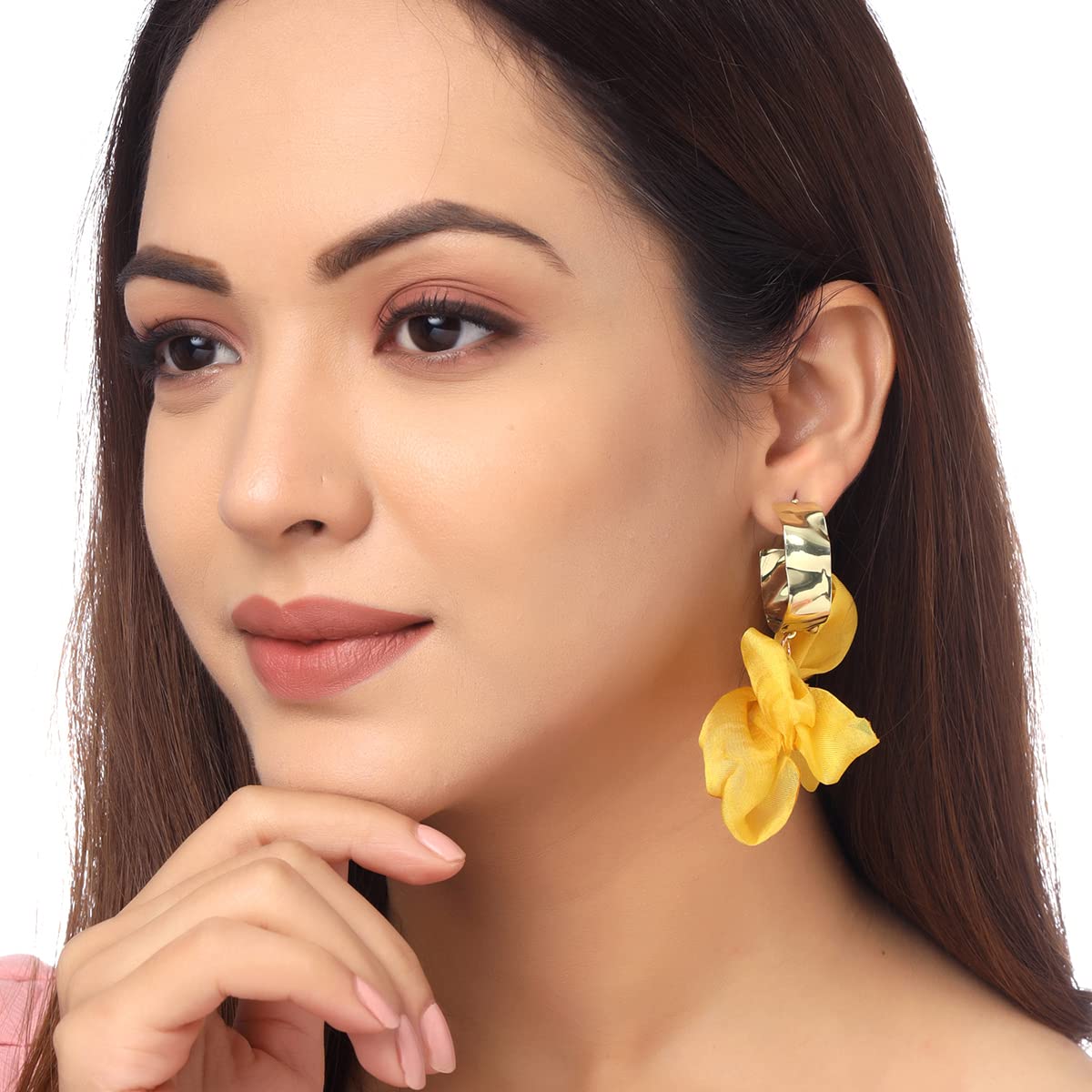 Yellow Chimes Earrings For Women Pink Colored Cloth Woven Bow Shaped Drop Earrings For Women and Girls