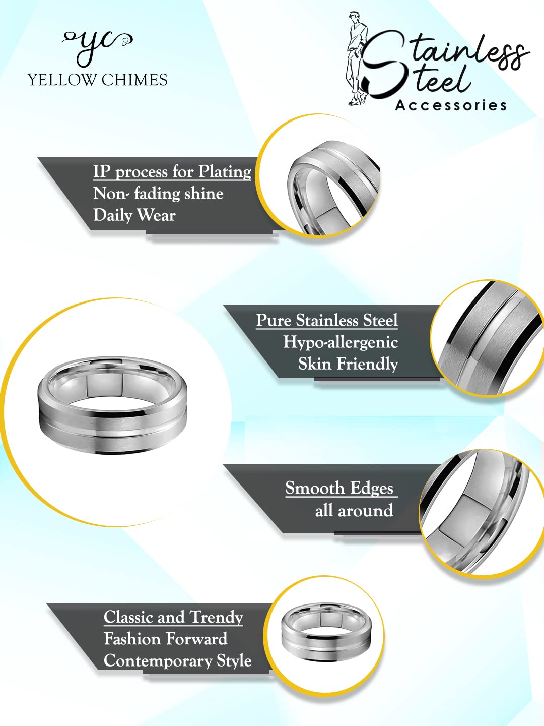 Yellow Chimes Rings for Men and Boys | Silver Rings for Men | Band Type Finger Rings for Men's | Stainless Steel Rings for Men | Accessories Jewellery | Birthday and Anniversary Gift(Size US 11)