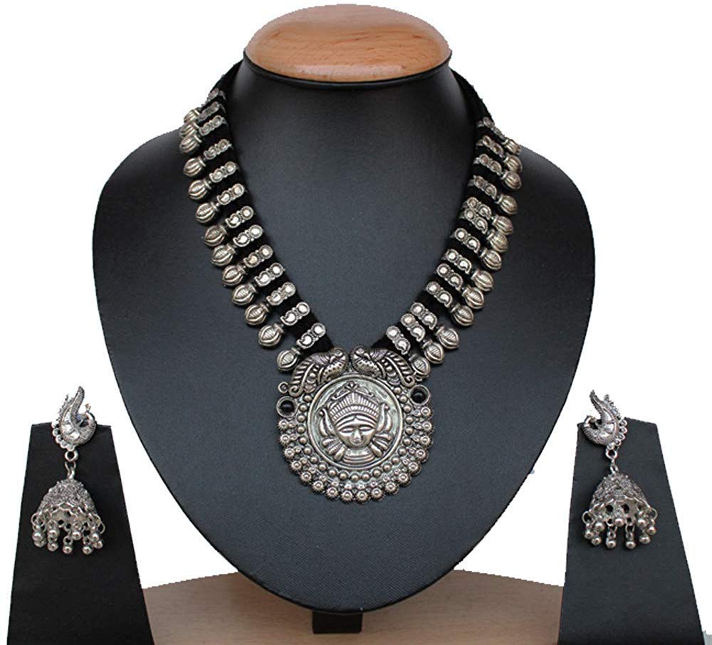 Yellow Chimes German Oxidised Silver Antique Durga Design Threader Traditional Necklace set with Peacock Jumka Earring Jewellery Set for Women and Girls