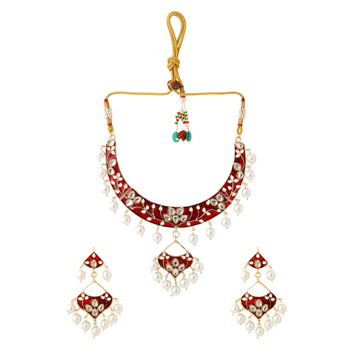 Yellow Chimes Jewellery Set for Women and Girls Kundan Necklace Set for Girls | Gold Plated Kundan Red Meenakari Choker Necklace Set | Birthday Gift for girls and women Anniversary Gift for Wife