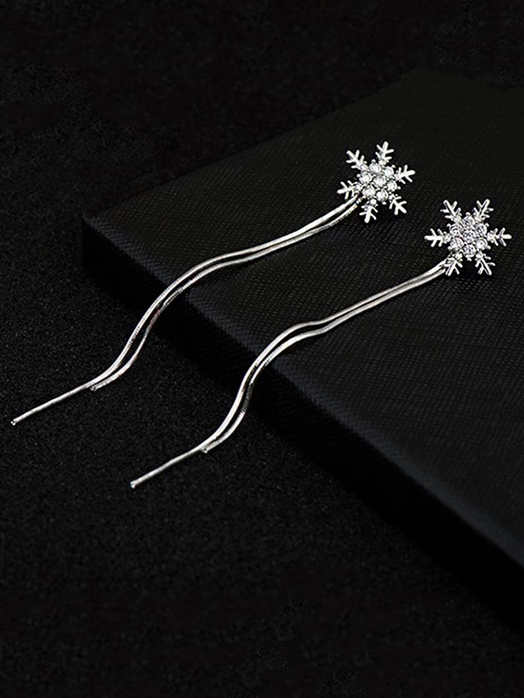 Kairangi Earrings for Women and Girls | Fashion White Crystal Dangler | Silver Tone Earring | Snowflake over Long Chain Danglers Earrings | Birthday Gift for Girls and Women Anniversary Gift for Wife