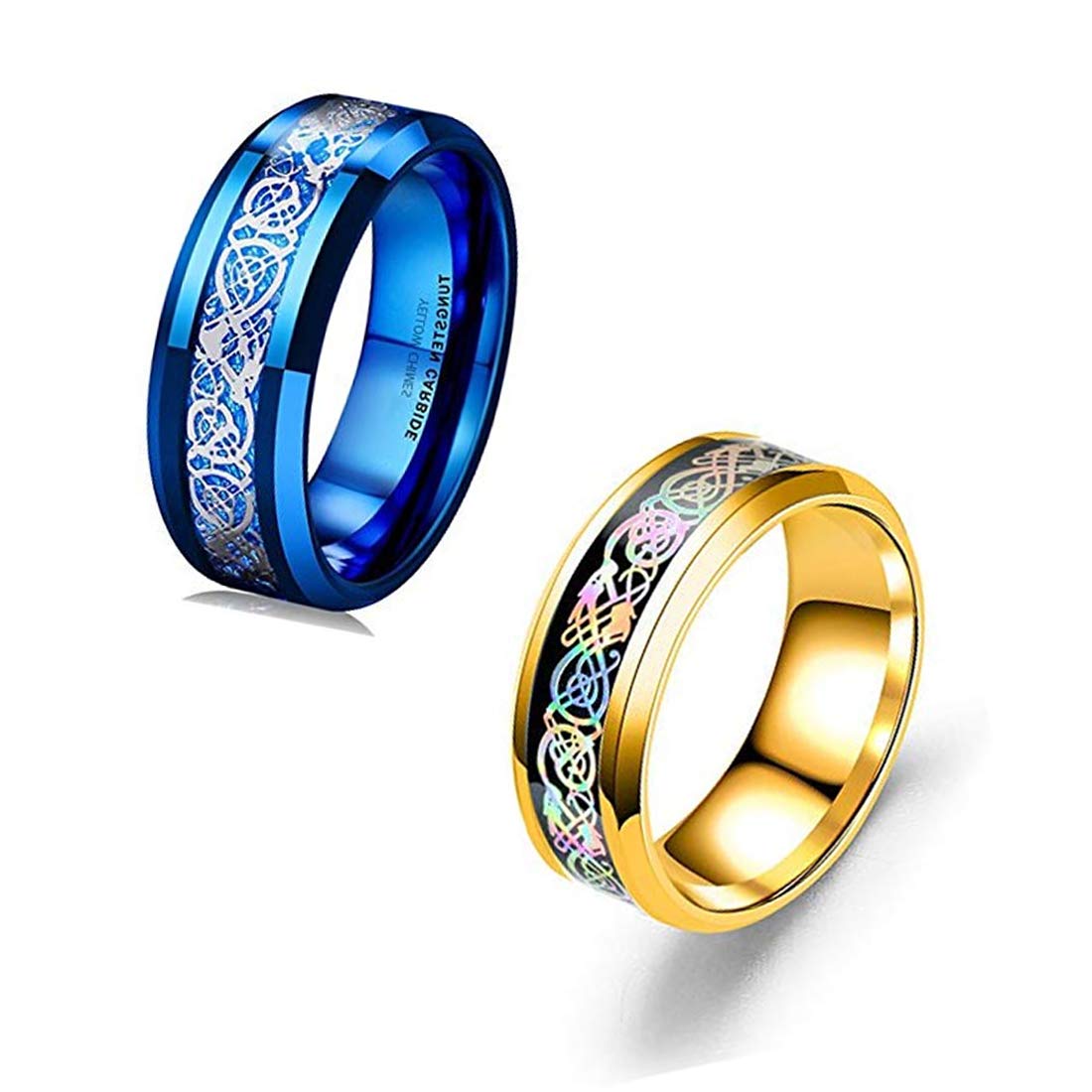 Yellow Chimes Rings for Men Combo of 2 PCs Dragon Celtic Inlay Shiny Polished Smooth Finised Titanium Steel band Rings for Men and Boys.