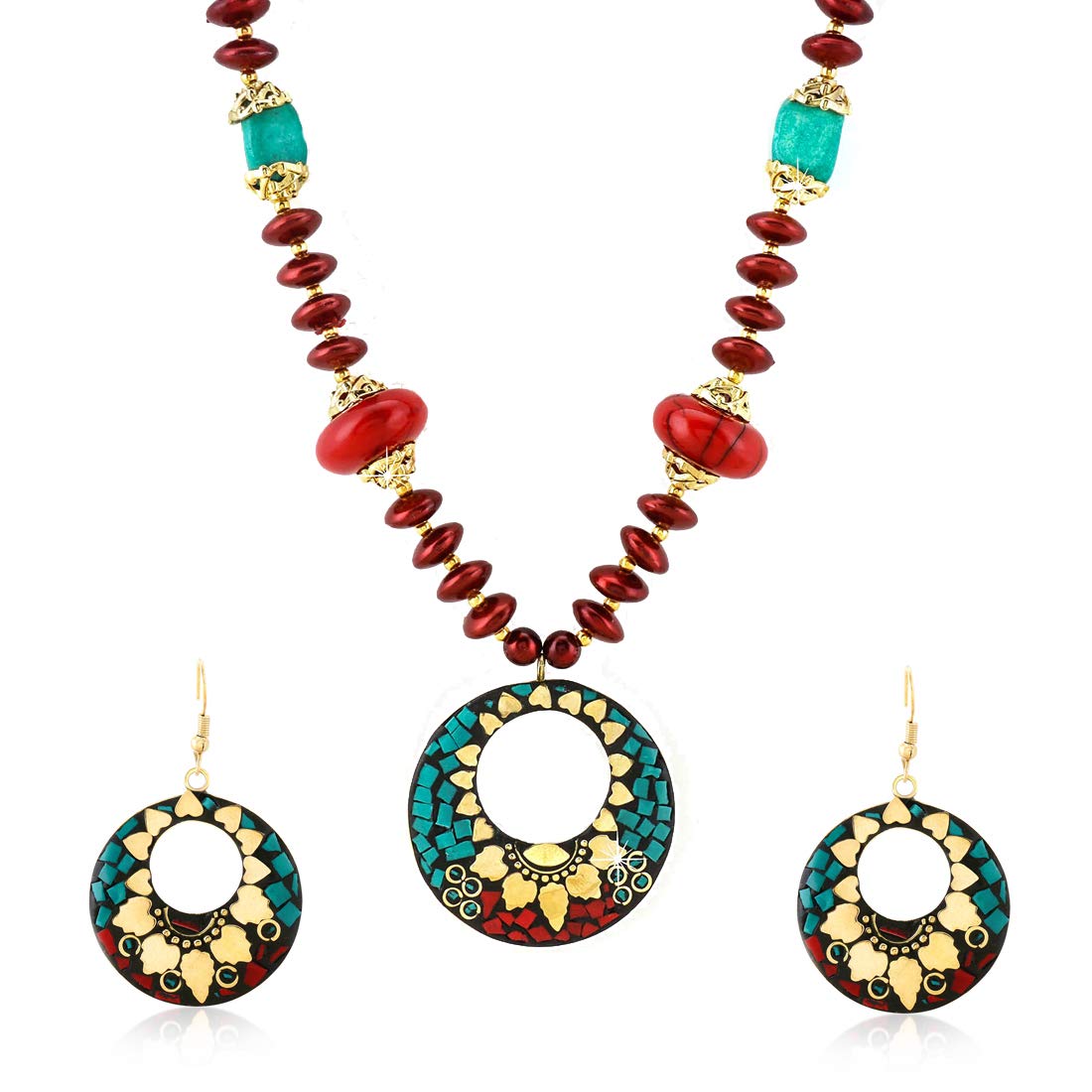 Yellow Chimes Tibetan Laac Work Necklace with Earrings Tribal Beads Necklace Jewellery Set for Women and Girls