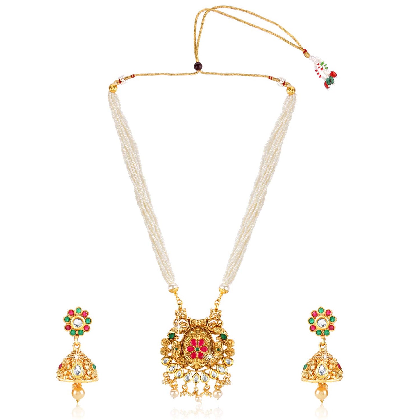 Yellow Chimes Traditional Long Mala Gold Plated Moti Kundan Necklace Set with Earrings Jewellery Set for Women and Girls