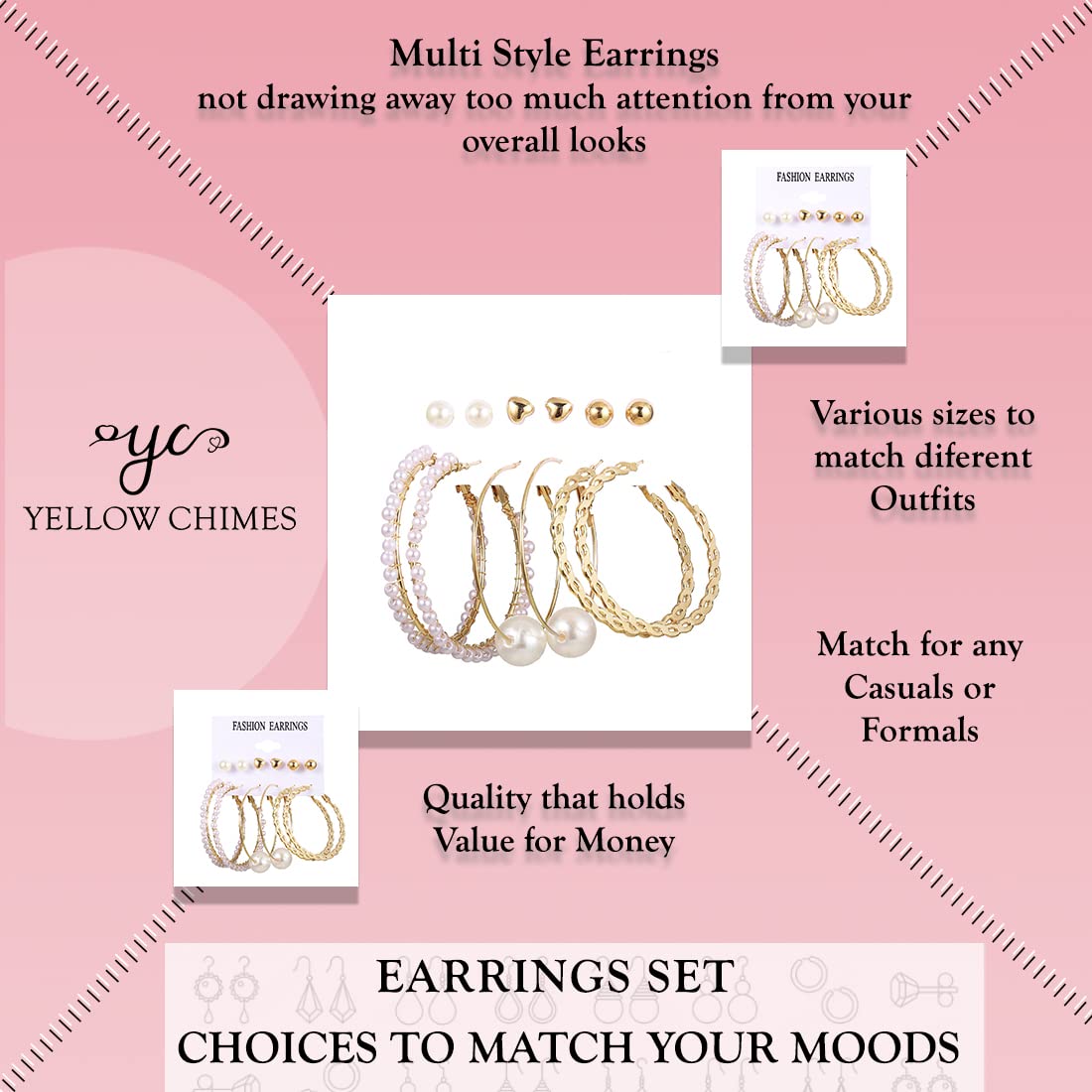 Yellow Chimes Earrings for Women and Girls Fashion White Pearl Hoops Set | Gold Plated Combo of 6 Pairs Stud Hoop Earring Set | Birthday Gift for girls and women Anniversary Gift for Wife