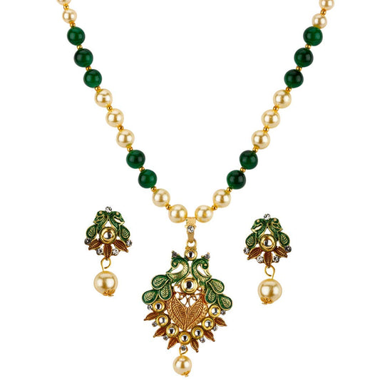 Yellow Chimes Exclusive Traditional Floral Peacock Desaign Pearl Kundan Necklace with Drop Earrings for Women