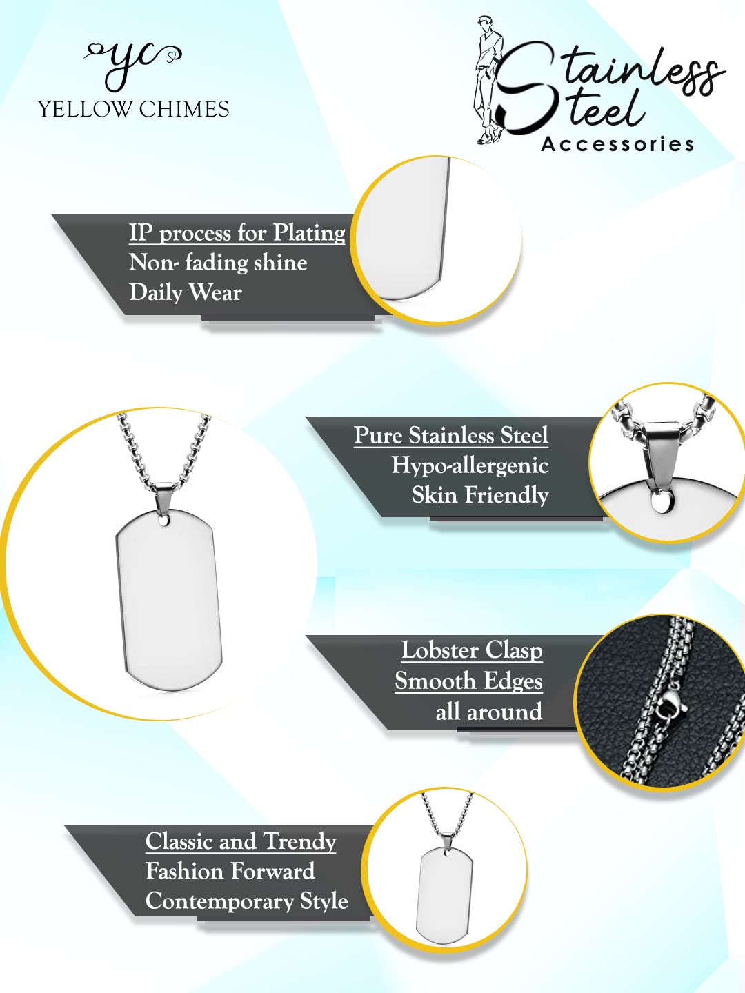 Yellow Chimes Stainless Steel Plain Silver 3 MM Tag Pendant Necklace Silver Plated Pendant for Men (Silver) (YCSSCH-TAG1BIG-SL)