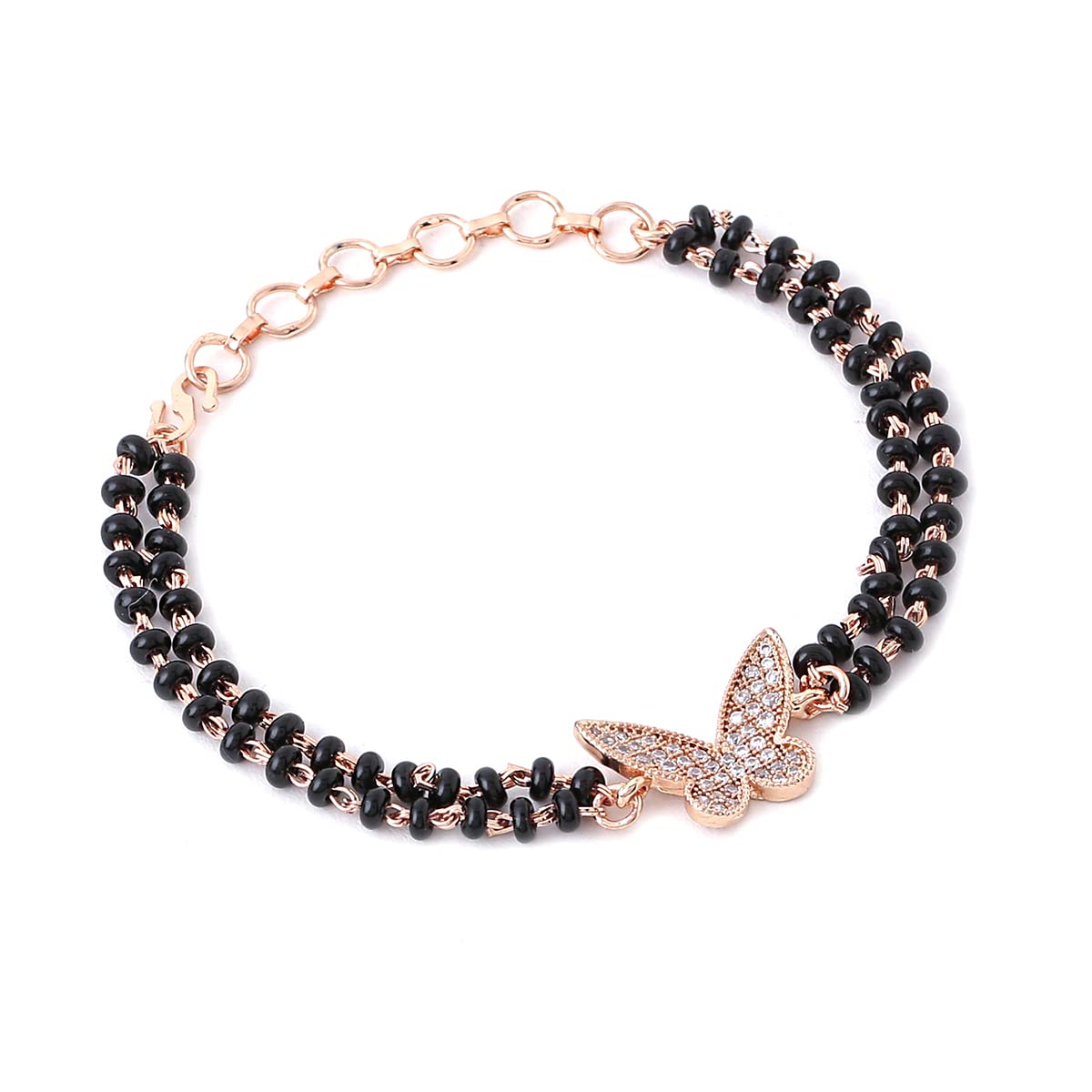 Yellow Chimes Mangalsutra Bracelet for Women Black Beads Butterfly Charm Rose Gold Plated Hand Mangalsutra Bracelets for Women | Marriage Anniversay Birthday Gift For Wife and Women