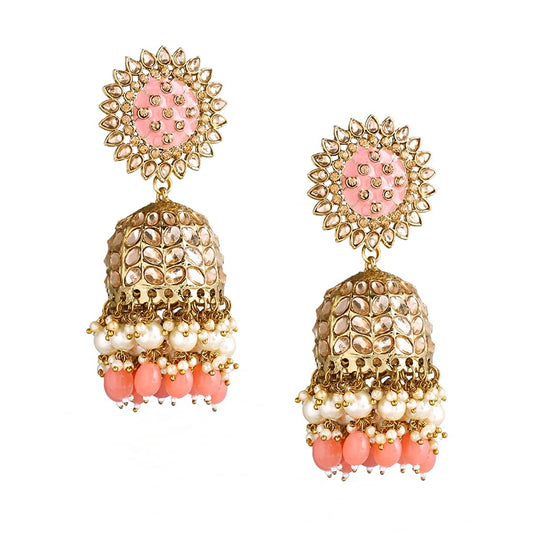 Yellow Chimes Ethnic Gold Plated Traditional Kundan Studded Peach Meenakari Touch Pearl moti Jhumka Earrings for Women and Girls, Gold, Peach, Medium (Model: YCTJER-88JHKLG-PCH)