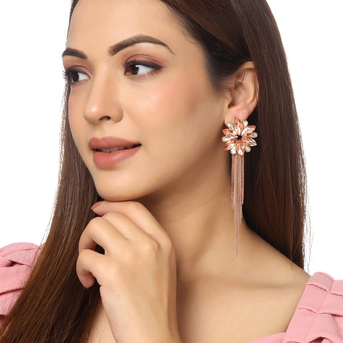 Yellow Chimes Crystal Danglers Earrings for Women Floral Shaped Crystal Pink Long Chain Dangler Earrings for Women and Girls