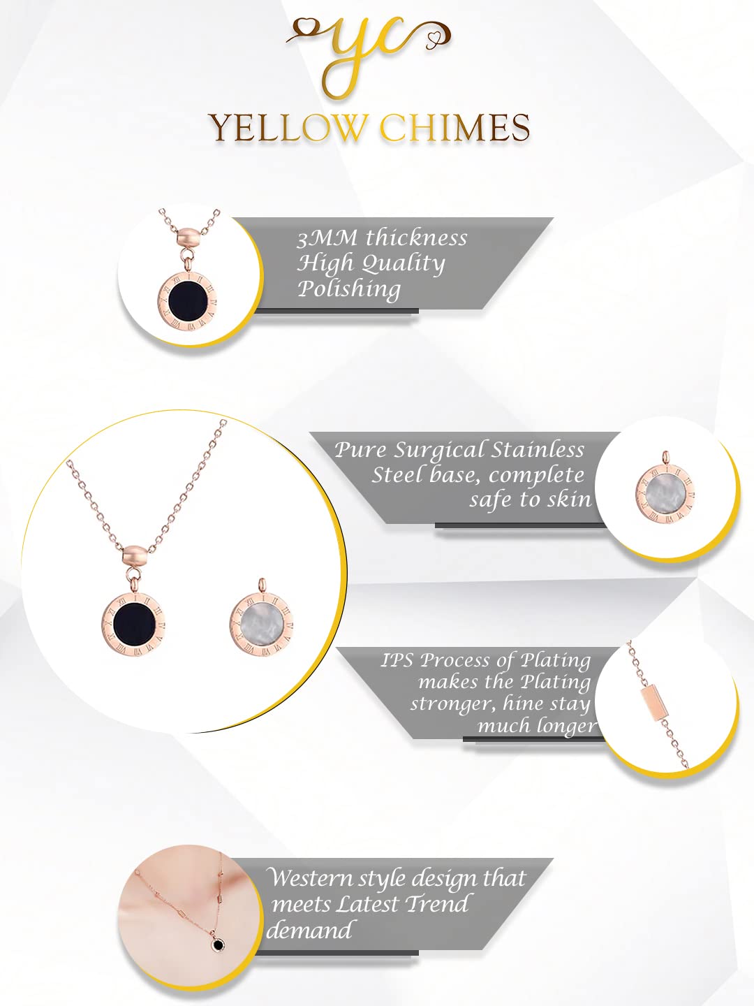 Yellow Chimes Dual Chain Necklace for Women Rose Gold-Plated Stainless Steel Roman Numbers Changeable Pendant Necklace For Women and Girls.