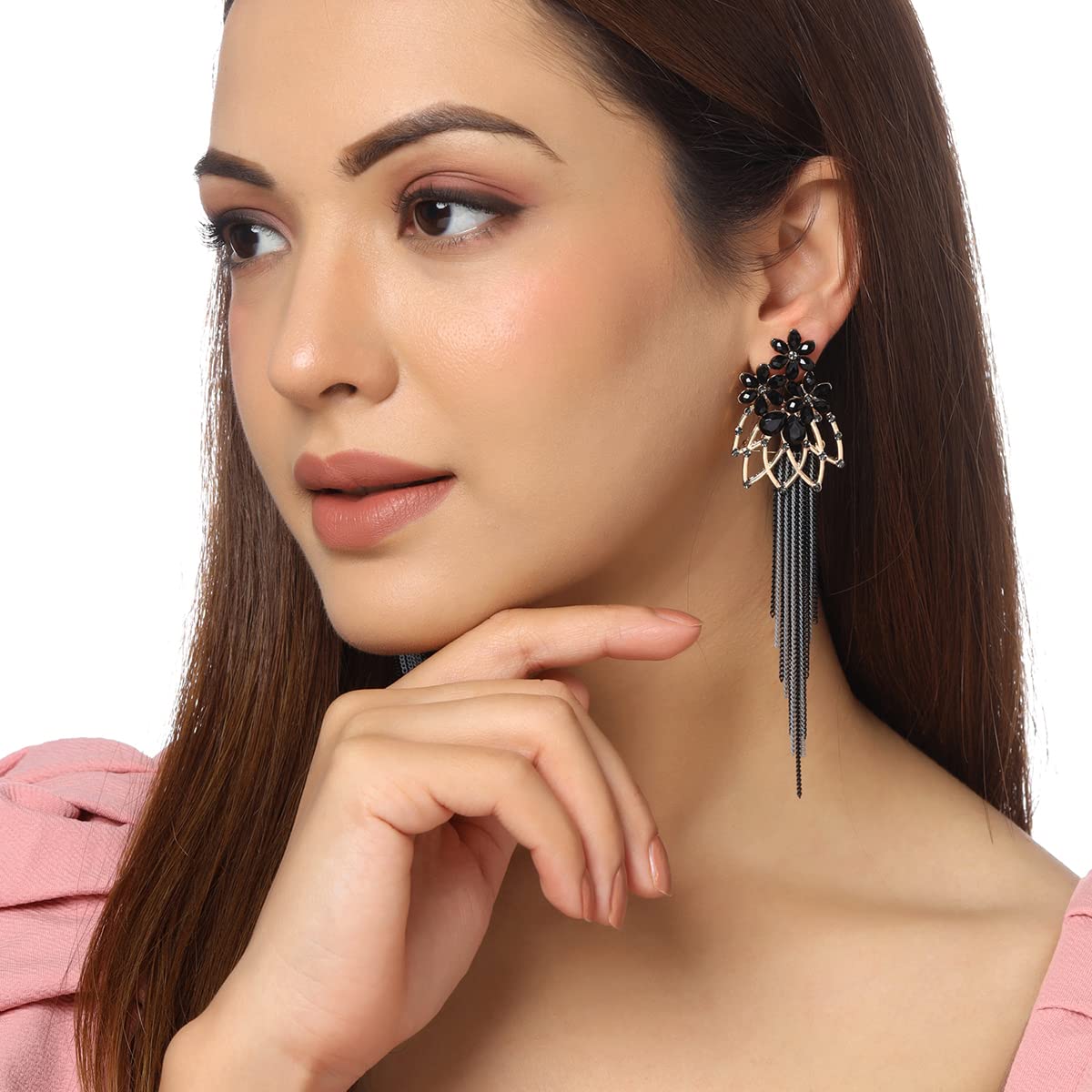 Yellow Chimes Crystal Danglers Earrings for Women Floral Shaped Crystal Black Long Chain Dangler Earrings for Women and Girls