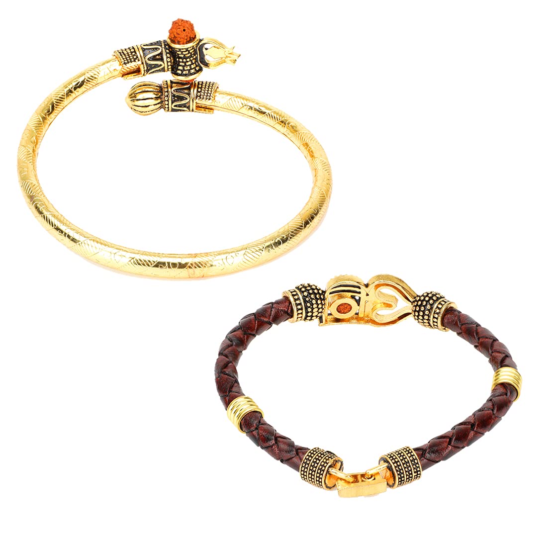 Yellow Chimes Combo of Two Oxidized Gold Shiva Trishul Rudraksha Damroo Kada Bracelet Bangle for Men and Boys