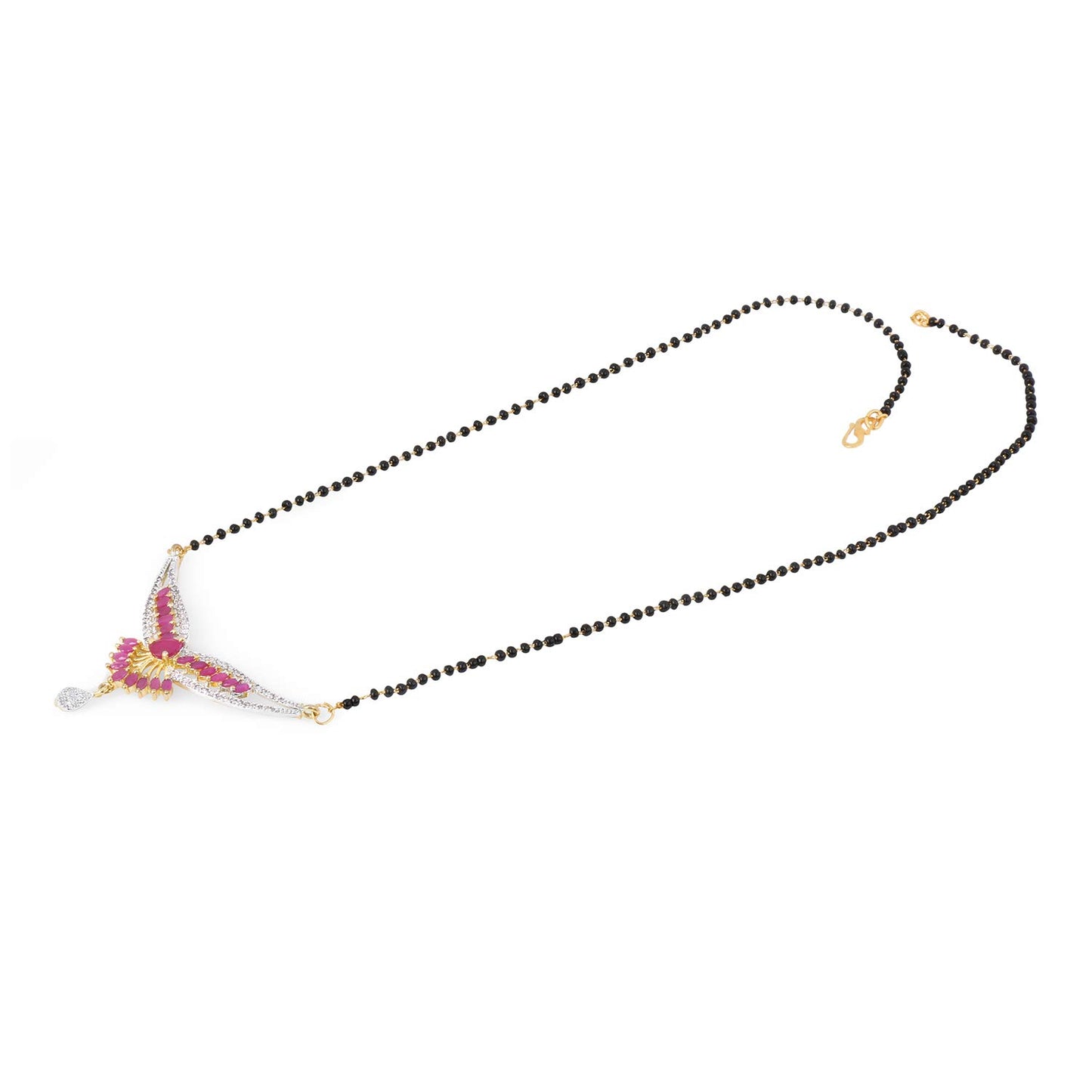Yellow Chimes Classic Pink AD/American Diamond Studded Ethnic Black Beads Designer Mangalsutra Set with Earrings for Women