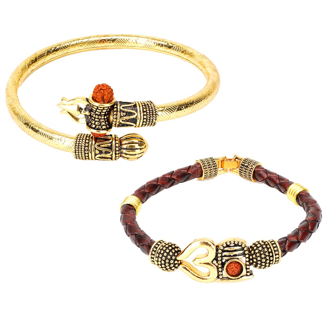 Yellow Chimes Combo of Two Oxidized Gold Shiva Trishul Rudraksha Damroo Kada Bracelet Bangle for Men and Boys