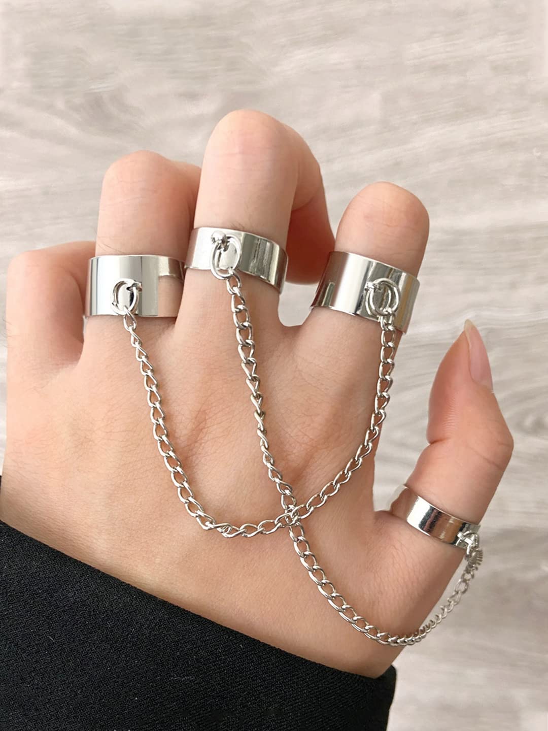 Yellow Chimes Rings for Women and Girls Chain Finger Rings | Adjustable 4 Pieces Silver Gold Punk Chain Finger Rings Four Fingers Open Ring | Birthday Gift For Girls and Women